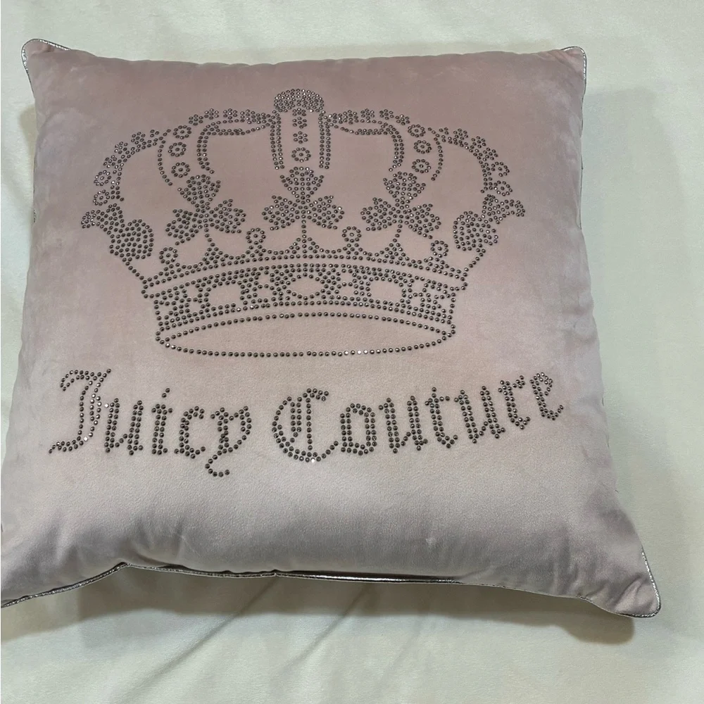 Juicy Couture Y2K Velour Pink Decorative Pillow 20x20in Velvet Rhinestones Crown